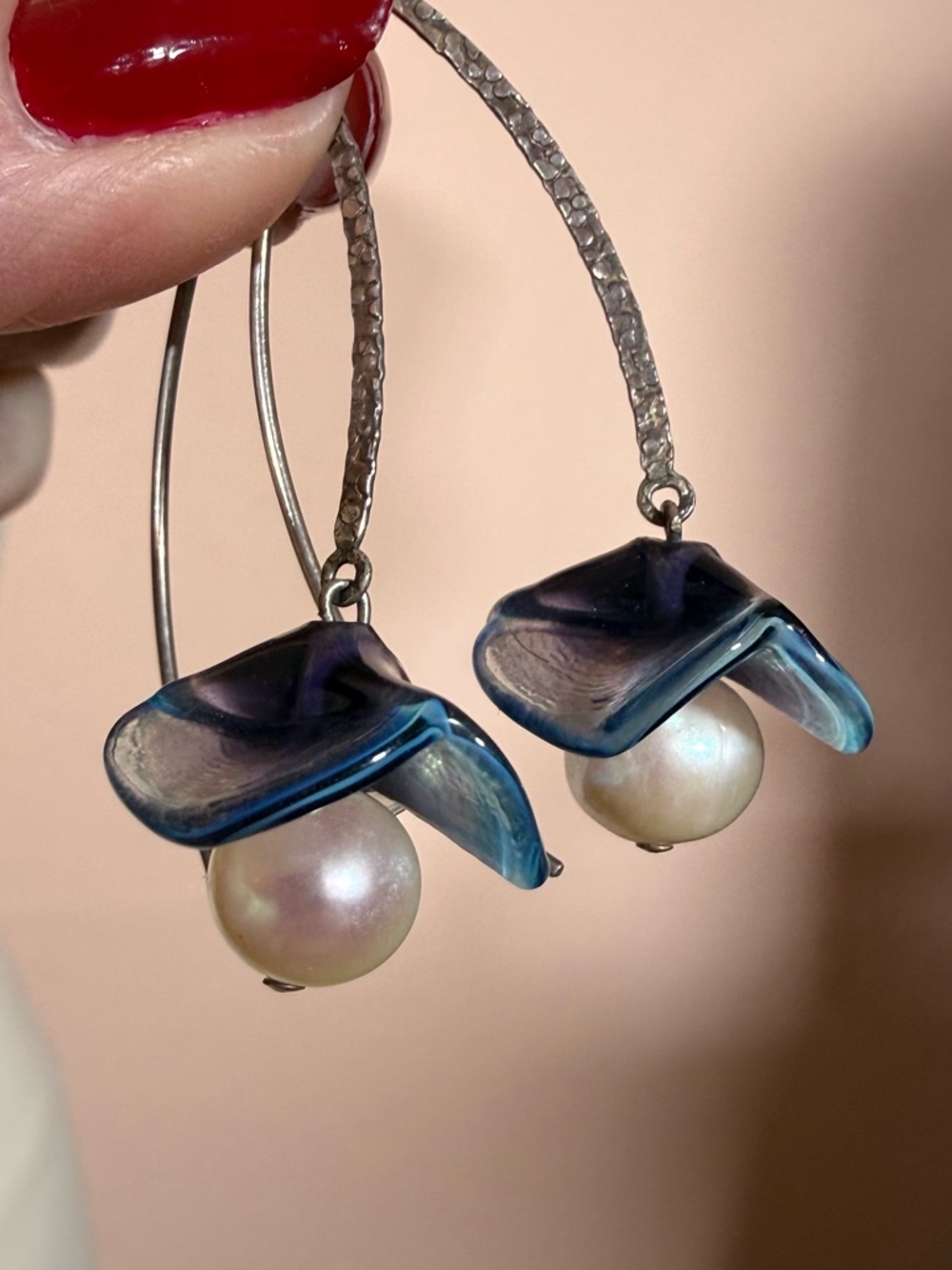 Vintage sterling silver Pearl Fairycore Oversized dangle Flower Earrings blue